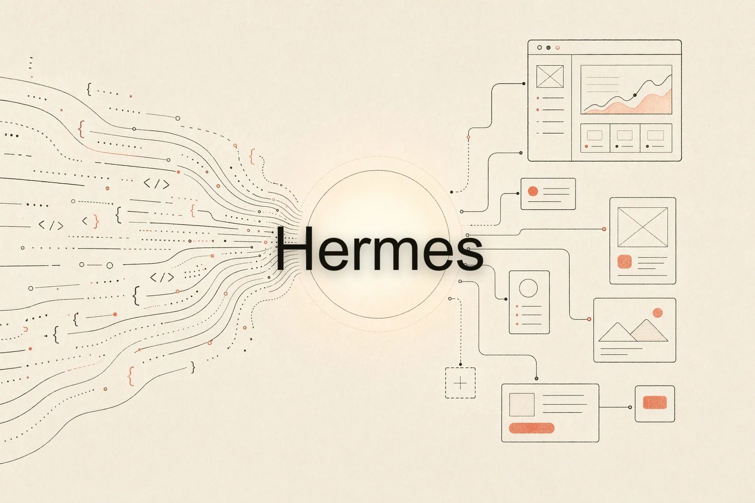Цикл обратной связи дизайна в Hermes: автономный терминальный агент читает референсное изображение, делегирует субагентам, браузер отрисовывает UI, и рабочее пространство, со стрелкой обратной связи, замыкающейся обратно