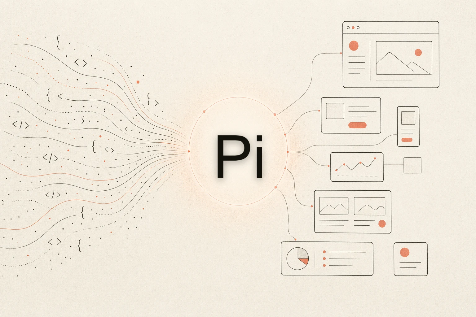Pi 设计反馈回路：一个终端 agent 在读取参考图、一个浏览器在渲染 UI、一个工作区，还有一条回环的反馈箭头