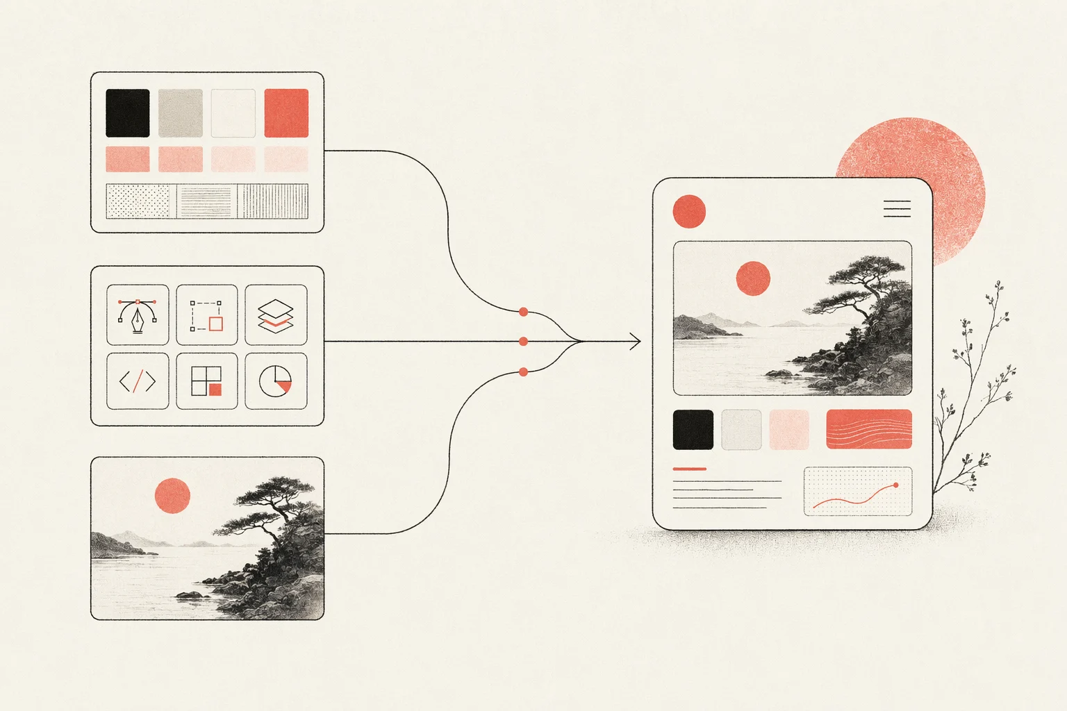 Diagramm, das zeigt, wie Designsystem, Skill und Referenzbild zu gutem Design-Output zusammenlaufen