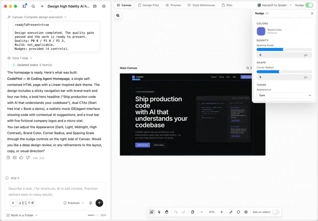 QoderWork Design — diseño como código en un lienzo infinito con Questions, Design Plan y Nudge