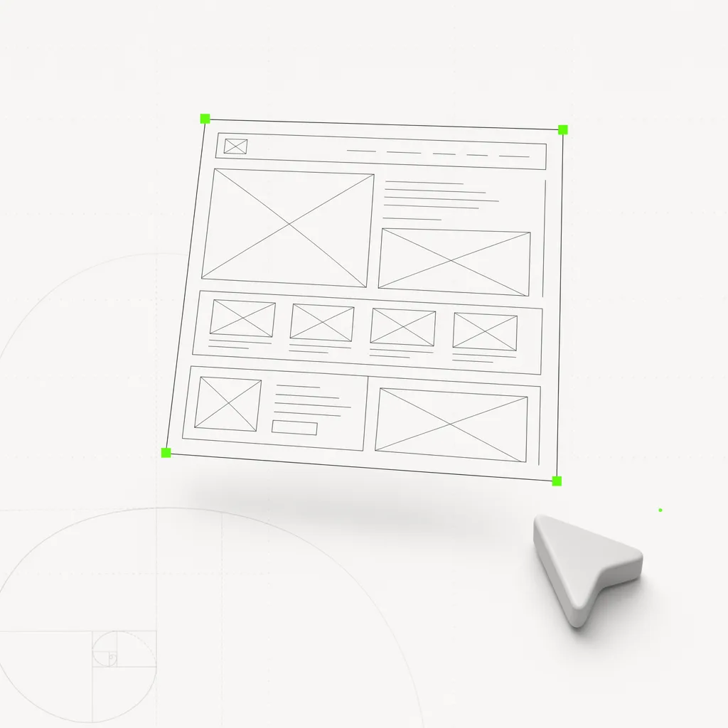 Ein Wireframe-Layout-Skelett, das sich als eigene auswählbare Ebene über einem leeren Canvas heraushebt, in einem grünen Rahmen auf einem fast weißen redaktionellen Untergrund