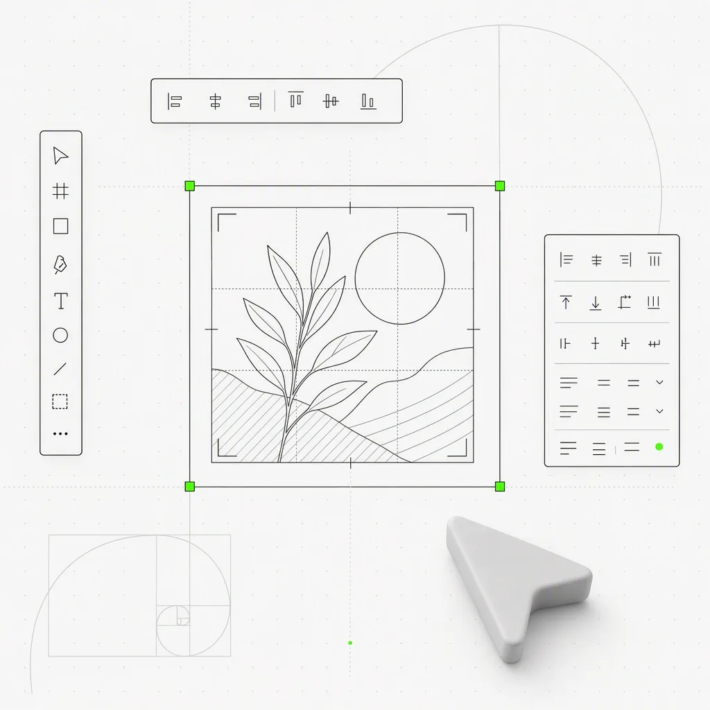 Un canvas de design avec un élément sélectionné entouré de poignées de redimensionnement, de guides d'alignement, de commandes de texte et d'outils de recadrage d'image, composé en dessin au trait précis sur un fond éditorial presque blanc