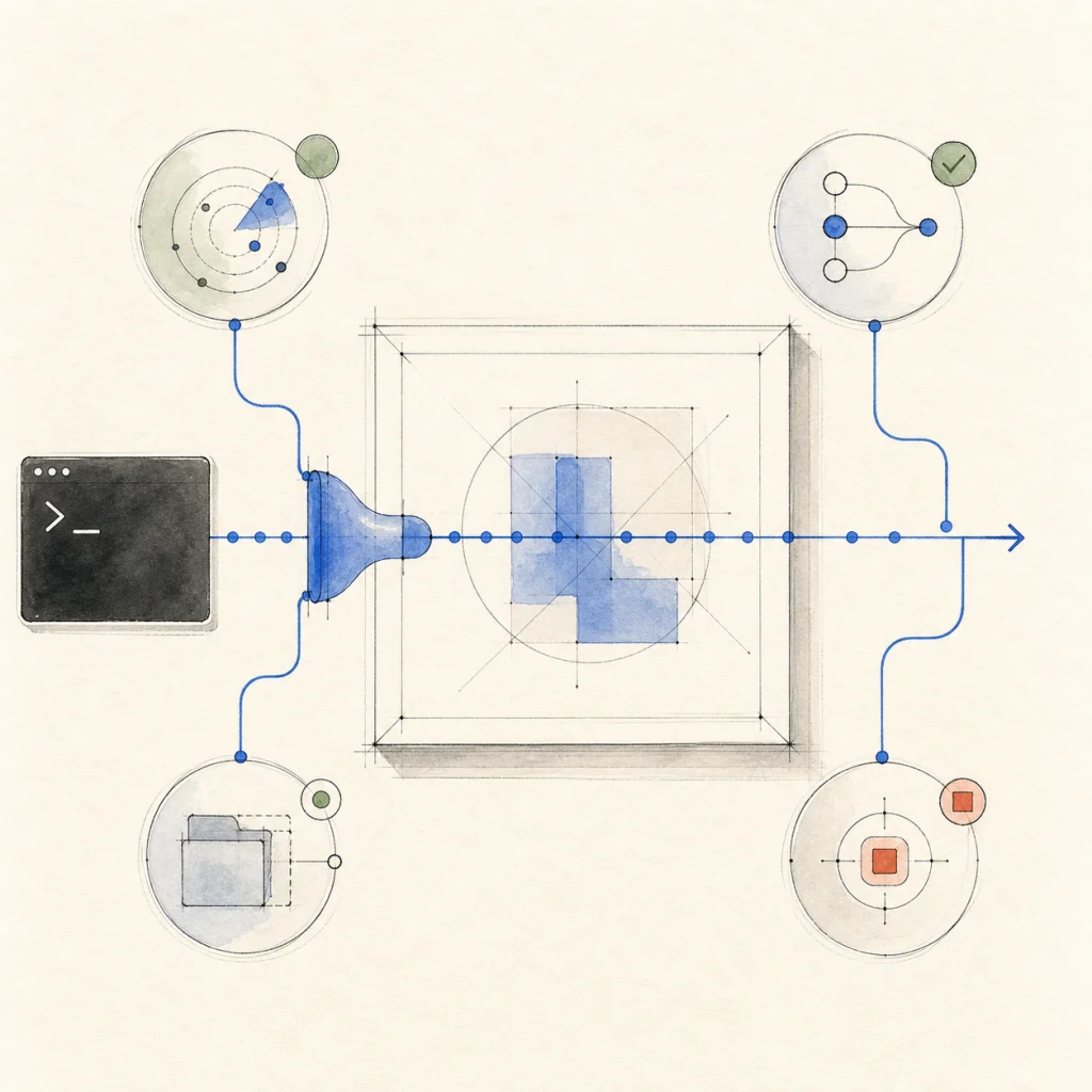 Ein Kommandozeilen-Impuls fließt durch eine blaue native Runtime in eine Designfläche