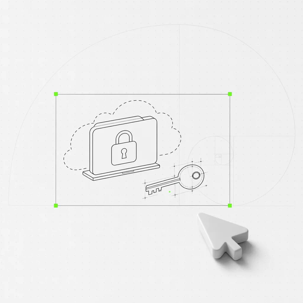 Un lucchetto nero sfaccettato fuso con la forma di un documento, cerchiato da un confine tratteggiato, con una chiave disegnata come un diagramma tecnico, su una tavola di studio editoriale dai toni caldi