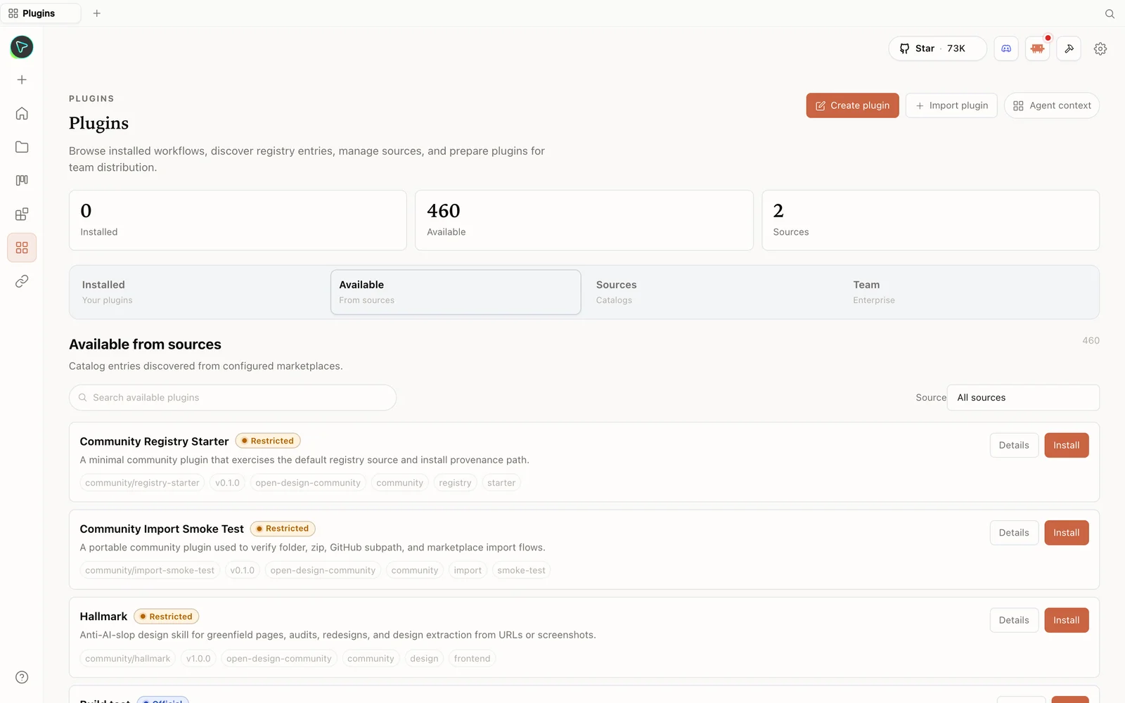 La bibliothèque de plugins d'OpenDesign, avec des skills installables.