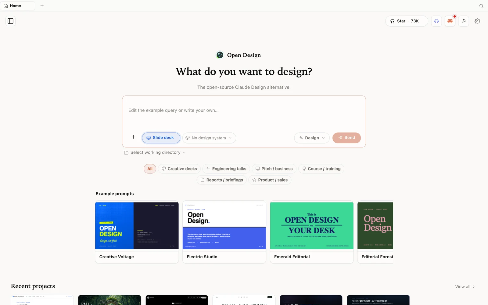 Le mode slide-deck dans OpenDesign avec des exemples de présentations.